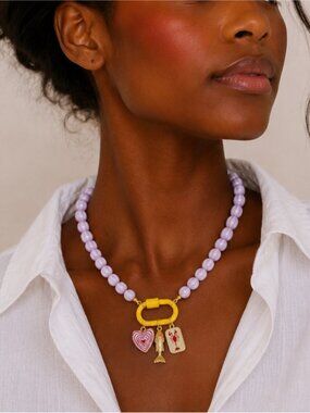 New! Preppy Coastal Colorful Pink Beaded Carabiner Fish Necklace NWOT